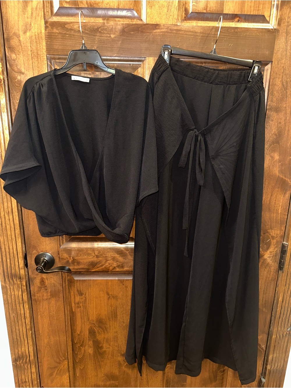 Zara Black Two-Piece Wrap Top and Wide Leg Pants Set